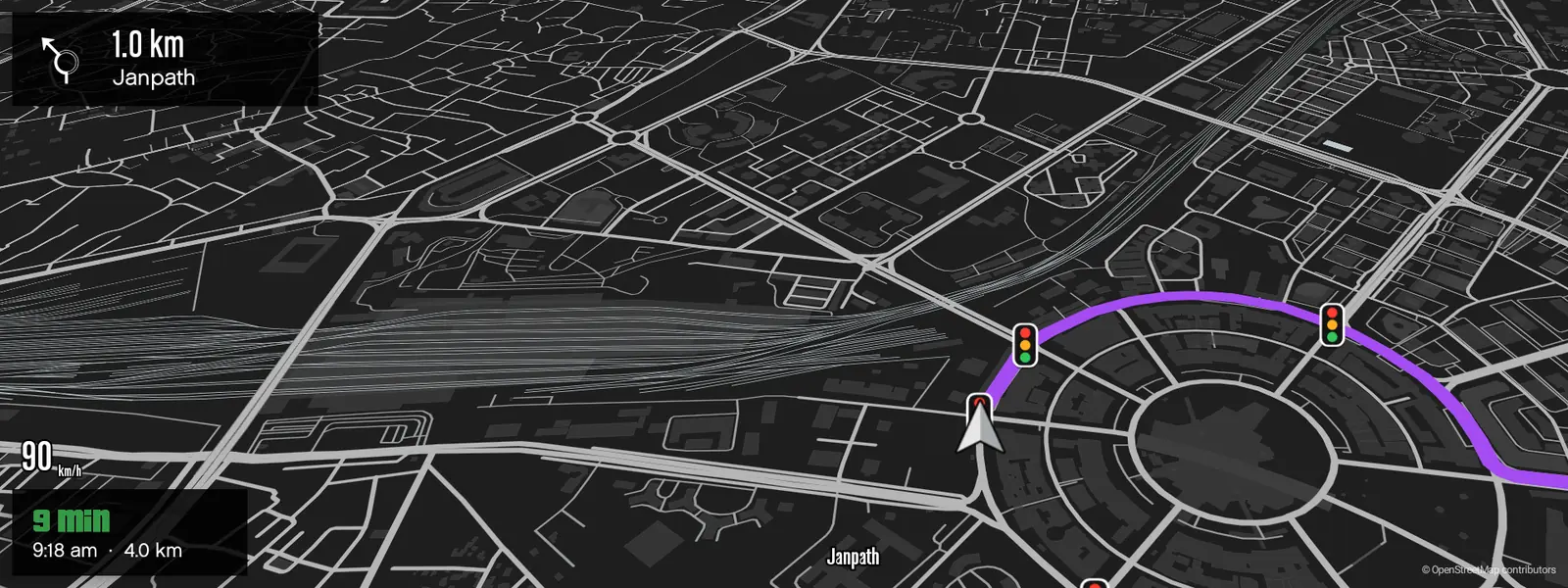 The GTA V world on a car screen: a purple route around the rings of Connaught Place
