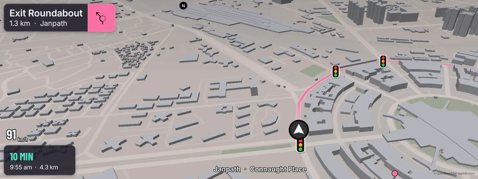 Overworld Maps on a car's wide screen in the GTA VI world, at Connaught Place in New Delhi