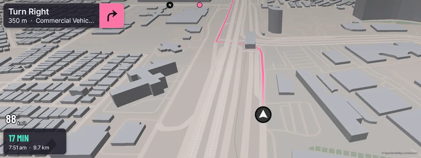 The GTA VI world on a car screen: raised buildings, a pink route and a turn card