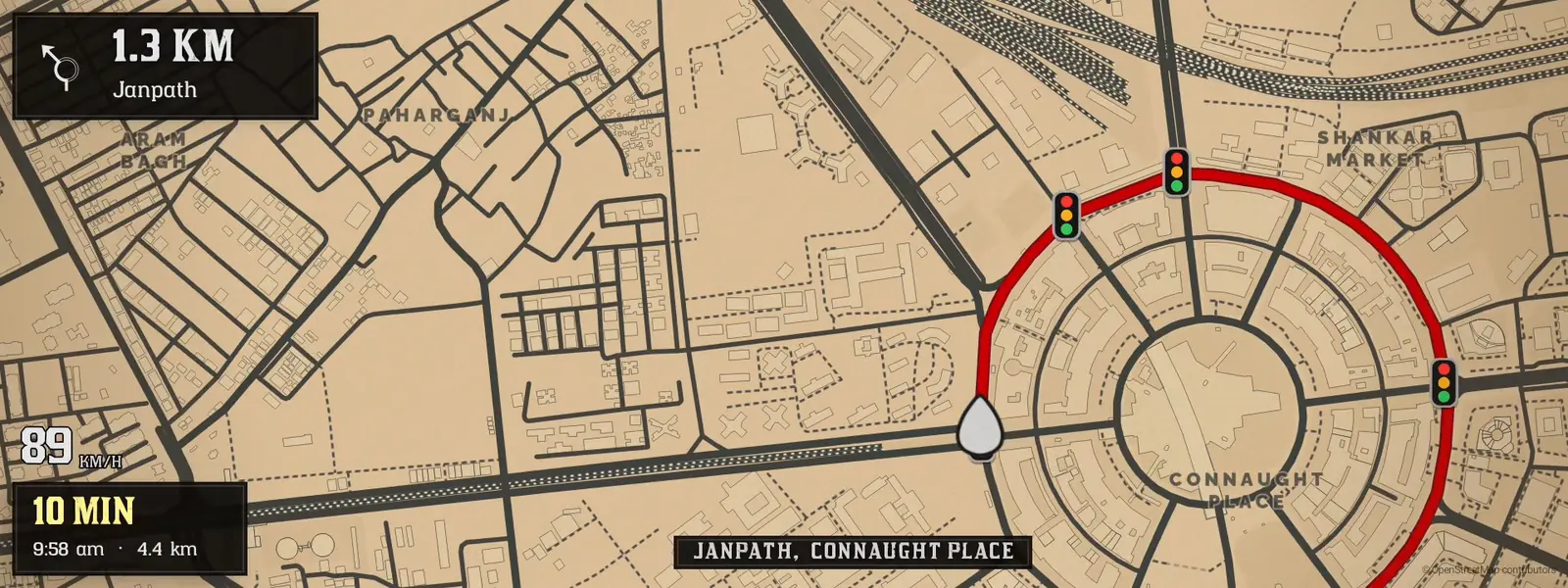 Overworld Maps on a car's wide screen in the Red Dead 2 world, at Connaught Place in New Delhi