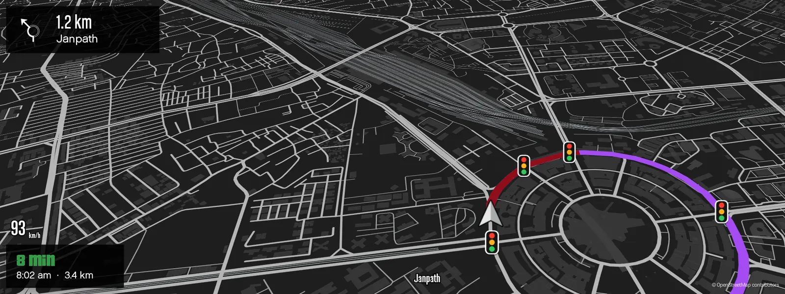 A red jam on the route ahead on the GTA V car screen, with traffic lights marked along it