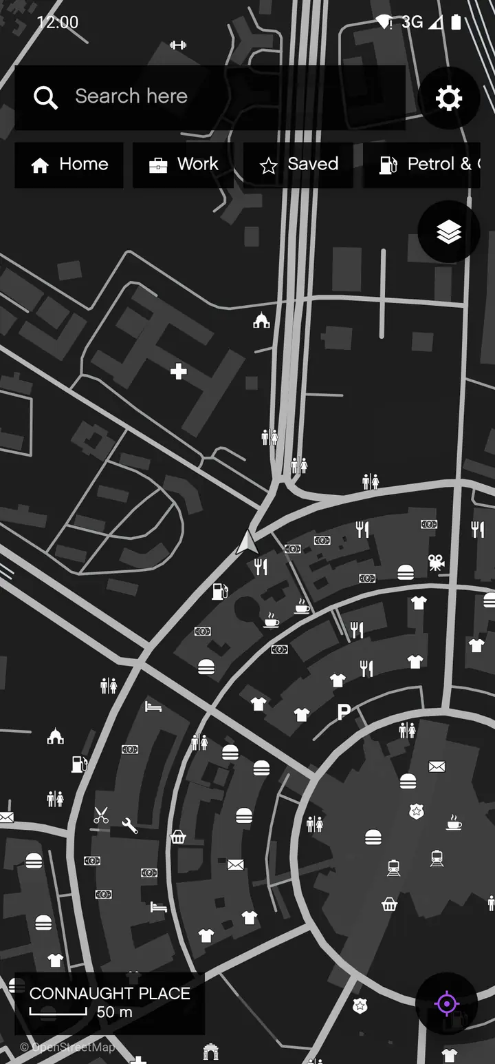 The GTA V world on a phone, with place icons on a near-black map