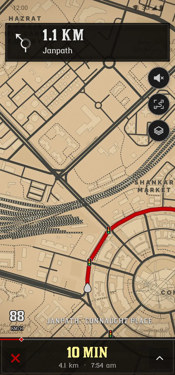 Driving in the Red Dead 2 world, with a red route and a turn card