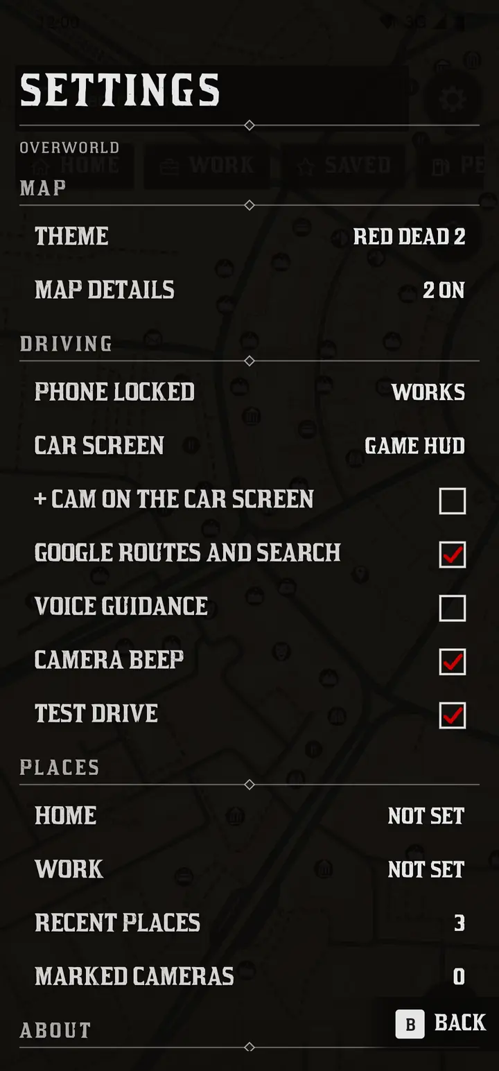 Settings, as the pause menu in the Red Dead 2 world on a phone